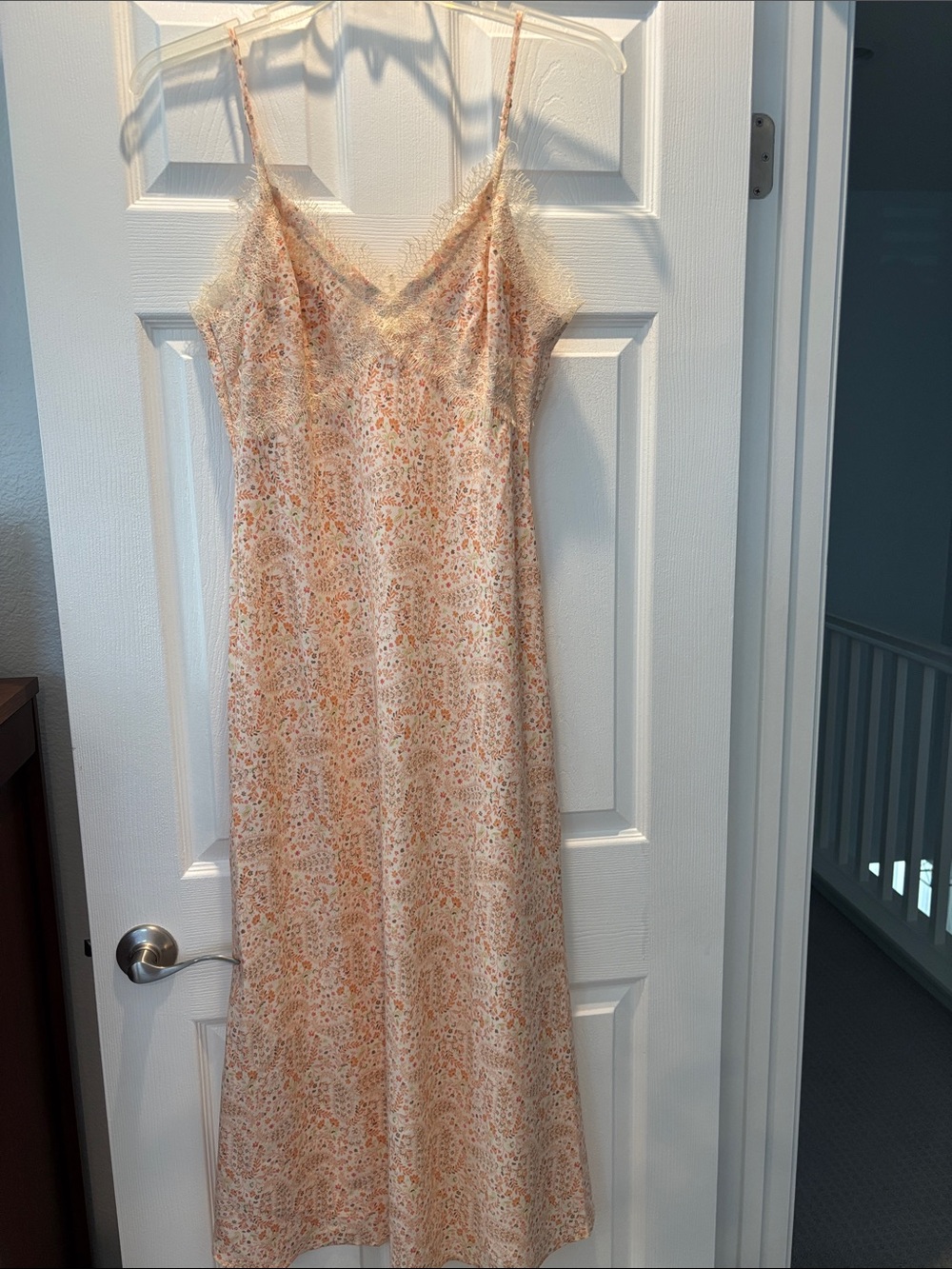 LOFT Peach Floral Lace-Trim Slip Midi Dress